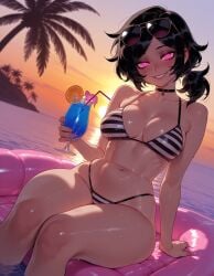 ai_generated ashley_graves balecxi beach bikini black_hair cocktail drink navel pink_eyes smile sunset the_coffin_of_andy_and_leyley