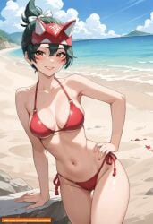 1girls ai_generated asian asian_female beach bikini blizzard_entertainment breasts brown_eyes female female_focus female_only girl gloriousevolution34 green_hair healslut japanese japanese_female kiriko_(overwatch) kiriko_kamori overwatch overwatch_2 solo_female solo_focus