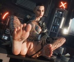 1girls 3d ass bandage barefoot barely_clothed belly big_feet big_toes black_hair blender_(software) brown_pussy cigarette dark_labia edgy feet female female_focus female_only foot_fetish foot_focus grin indoors jack_(mass_effect) jacket leather_jacket looking_at_viewer mass_effect navel on_table presenting presenting_feet presenting_pussy pussy scars seurat short_hair sitting smile smoke smoking smoking_cigarette soles solo sweaty_feet tattoo tattoo_on_belly tattoo_on_breast tattoo_on_chest tattoo_on_feet tattoo_on_hand tattoo_on_head tattoo_on_legs tattooed_female tattoos toes wrinkled_feet