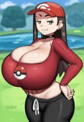 ai_generated ass breasts breasts bursting_breasts cap grey_impact_(style) hips huge_breasts large_breasts longsleeve lubbasdump midriff nerina_(lubbasdump) pants piercings pokeball pokemon pokemon_trainer shirt smirk smug sweatpants trainer wide_hips