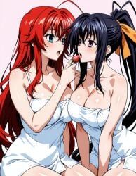 2girls ahoge ai_generated akeno_himejima antenna_hair black_hair blue_green_eyes blush couple crimson_hair curvy female_only hair_ribbon high_school_dxd large_breasts lesbian light_skin looking_at_each_other open_mouth orange_ribbon ponytail rias_gremory strawberry thick_thighs towel very_long_hair violet_eyes voluptuous yuri