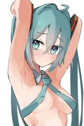 blue_eyes blue_hair blush blush eye_contact hair_ornament hands_on_head hatsune_miku long_hair looking_at_viewer naked nipples_covered pov practically_nude small_breasts sweat sweating tie tie_only vocaloid yatsuwo_emiya