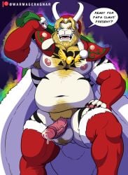 anthro asgore_dreemurr aura balls beard belly belly_hair big_belly black_sclera blonde_hair bodily_fluids body_hair boss_monster_(undertale) bovid caprine chest_hair christmas christmas_clothing christmas_headwear claws clothing corruption costume erection facial_hair fur_cloak genital_fluids genitals goat hair hairy_balls hand_on_leg hat headgear headwear heterochromia hi_res holidays jewelry leaking_precum legwear long_ears magic male male_only mammal muscular nipples overweight pawpads pecs precum pubes santa_costume santa_hat shoulder_pads solo stockings undertale_(series) warmageragnar