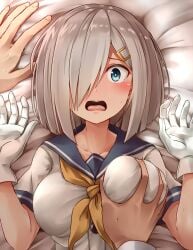 1boy 1girls bed blue_eyes blue_sailor_collar blush breast_grab breasts dress_shirt female gloves grabbing_another's_breast grey_hair groping hair_ornament hair_over_one_eye hairclip hamakaze_(kantai_collection) hand_on_breast highres kamelie kantai_collection large_breasts lips looking_at_viewer lying male male/female neckerchief on_back open_mouth pov sailor_collar sailor_shirt school_uniform serafuku shirt short_hair short_sleeves solo_focus straight sweatdrop tears teeth tongue white_gloves white_shirt yellow_neckerchief