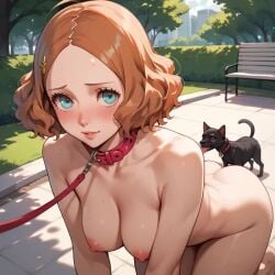 ai_generated alternate_hairstyle ass big_breasts blush canine chihuahua female haru_okumura naked naked_female nipples outdoor_nudity outdoors park persona_5 pet_collar pet_girl petplay public_indecency solo_focus submissive_female