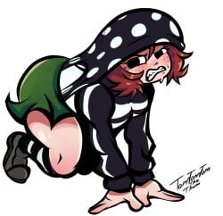 1girls 2024 all_fours angry atomic_wedgie black_eyes black_panties blush clenched_teeth embarrassed freckles kim_pine kneehighs panties panty_pull polka_dot polka_dot_panties red_hair scott_pilgrim skirt sweat tagme thighs tomtomtomthetom track_jacket watermark wedgie