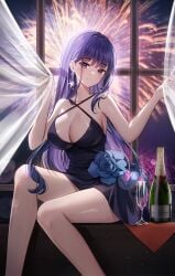 1girls absurdres alternate_costume bare_arms bare_legs blue_flower bottle breasts cleavage contemporary criss-cross_halter cup curtain_grab curtains dress drinking_glass earrings feet_out_of_frame fireworks flower genshin_impact glint halterneck highres indoors jewelry large_breasts looking_at_viewer mole mole_under_eye nannung purple_dress purple_eyes purple_hair raiden_shogun see-through_clothes sidelocks sitting sleeveless sleeveless_dress smile solo window wine_bottle wine_glass