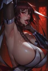 1girls ai_generated areola_slip armpit blush bodysuit brown_hair civitai cleavage cum_in_mouth cum_on_breasts cum_on_clothes cum_on_face cum_on_hair dripping_cum elbow_gloves facial hair_between_eyes huge_breasts leotard looking_at_viewer looking_up mamely32 medium_hair mizuki_shiranui open_mouth overflow red_eyes solo taimanin_(series) taimanin_asagi taimanin_asagi_battle_arena taimanin_yukikaze tongue_out upper_body