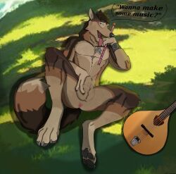 absurd_res animal_genitalia anthro balls biped canid canine canis claws english_text fingers genitals hi_res holidaypup hybrid male mammal musical_instrument pawpads paws sheath solo string_instrument text tongue tongue_out wind_instrument wolf wolfdog