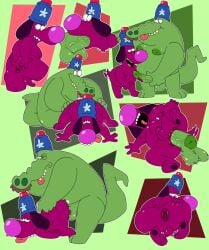 2025 alligator alligatorid anal anal_sex anthro anus ass belly canid canine canis cartoon_network chowder_(series) clothing crocodilian domestic_dog duo green_body hat headgear headwear hi_res hwantsarts male male/male mammal moobs nipples officer_grinder oral overweight overweight_male penetration police purple_body reptile scalie sergeant_hoagie sex simple_background tongue tongue_out