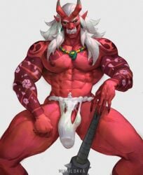 abs asian_mythology barely_visible_genitalia barely_visible_penis biceps bulge demon detailed_bulge digital_drawing_(artwork) digital_media_(artwork) east_asian_mythology erection genital_outline genitals hair hi_res horn irezumi japanese_mythology looking_at_viewer mace male melee_weapon mihail_dava muscular muscular_male mythology nipples oni only_male penis penis_outline simple_background sitting tattoo teeth weapon white_background youkai