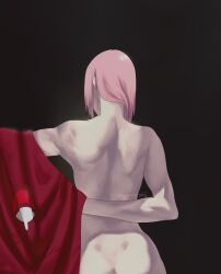 1girls 2d 2d_(artwork) 2d_artwork absurdres artist_name ass back back_view boruto:_naruto_next_generations female highres huge_ass milf naruto naruto_(series) pink_hair sakura_haruno signature simple_background solo toned toned_female topless twitter_username uchiha_symbol viewed_from_behind wappameshii