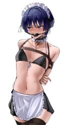1boy apron arms_behind_back ball_gag bikini blue_eyes blue_hair bondage femboy gag gagged genshin_impact harris_hero hi_res maid maid_apron maid_headdress maid_uniform maidscara male male_only malesub navel restrained rope saliva saliva_trail scaramouche_(genshin_impact) submissive submissive_male trapped_in_underwear