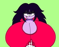 1boy 1boy1girl 1girls 2022 2d 2d_(artwork) 2d_artwork :p big_breasts black_hair boob_window breast_focus breasts_bigger_than_head caitlyn_(gremlingrounded) cat_girl cat_humanoid catgirl cleavage clothed clothing cum cum_between_breasts cum_stain full_color gremlingrounded half-closed_eyes heart heart_eyes long_hair original paizuri paizuri_under_clothes pov_paizuri purple_body purple_eyes red_shirt red_t-shirt shirt simple_background t-shirt titjob tongue_out you