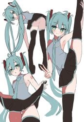 bending_forward bending_over bent_over black_thighhighs blush blush eye_contact hair_ornament hatsune_miku holding_skirt leg_lift long_hair looking_at_viewer looking_back_at_viewer multiple_views peace_sign skirt_lift small_breasts tattoos thick_thighs thighhighs thighs vocaloid yatsuwo_emiya