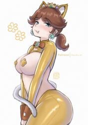 breasts brown_hair cat_ears catgirl chascoby mario_(series) nipples_covered princess_daisy reverse_bunnysuit royalty thick_thighs tongue_out white_skin wide_hips