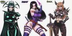 3girls bare_arms bare_legs bare_shoulders bare_thighs big_breasts black_hair blue_eyes boa_hancock bodysuit breasts cape clothed clothing color cosplay crossover crossover_cosplay crown female female_focus female_only green_eyes hela hela_(cosplay) hela_(marvel_rivals) hi_res huge_breasts large_breasts leotard light-skinned_female light_skin long_hair magik_(cosplay) magik_(marvel_rivals) marvel marvel_comics marvel_rivals multiple_girls nami nami_(one_piece) nico_robin one_piece orange_hair prixmal psylocke psylocke_(cosplay) purple_leotard seductive shounen_jump spikes sword thick_thighs tight_clothing vengeance_psylocke wide_hips x-men