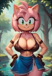 ai_generated amy_rose animal_ears animal_nose artist_name bangs bare_shoulders blush bra breasts cleavage collarbone cumsonics day female forest furry furry_female gloves green_eyes hand_on_own_hip jewelry large_breasts looking_at_viewer metadata_request midriff model_request nature navel outdoors patreon_username pink_hair short_hair skirt sky smile solo sonic_(series) standing tail thighs tree twitter_username underwear watermark web_address