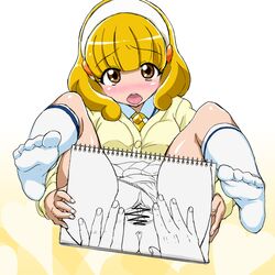 anus blonde_hair blush censored clothing covering covering_crotch drawing hairband kneehighs looking_at_viewer no_pants no_shoes open_mouth panties panties_aside precure pretty_cure pussy short_hair sketchbook smile_precure solo spread_legs spread_pussy sweater underwear uyuu white_legwear yayoi_kise yellow_eyes