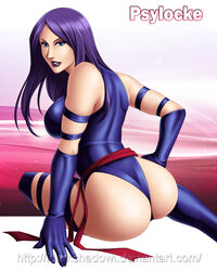 1girls asian ass bare_shoulders belt big_ass blue_eyes boots clothes clothing dat_ass female female_only gloves long_hair looking_back marvel marvel_comics psylocke purple_hair solo straight_hair swimsuit thedarkness x-men