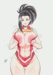 1girls @gi big_breasts black_hair breast_grab breast_squeeze breasts breasts_out female female_focus female_only fit_female grabbing_own_breast hero_outfit_(mha) leotard looking_at_viewer momo_yaoyorozu my_hero_academia navel nipples ponytail solo solo_female sweat sweatdrop thick_thighs thighs