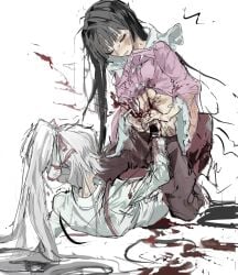 2girls black_hair blood blood_on_clothes blood_on_hands blood_on_weapon blood_splatter blush bow closed_eyes fujiwara_no_mokou hairbow highres hime_cut houraisan_kaguya long_hair long_skirt long_sleeves masochism multiple_girls ofuda ofuda_on_clothes open_mouth pants pink_shirt red_pants sadism sesmkun sexually_suggestive shirt skirt smile stab suspenders sweatdrop touhou trembling very_long_hair weapon white_bow white_hair wide_sleeves yuri