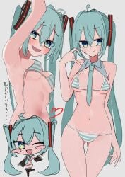 bikini blue_bikini blue_eyes blue_hair blush blush breasts chibi hair_ornament hatsune_miku heart long_hair multiple_views open_mouth presenting small_breasts small_waist sweat sweatdrop sweating thick_thighs thighs tie vocaloid waist yatsuwo_emiya