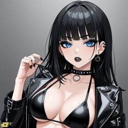 ai_art ai_generated bangs bikini_top black_eyeshadow black_hair black_lipstick black_nails blue_eyes choker goth goth_girl gothic leather_bikini leather_jacket looking_at_viewer medium_breasts seductive_eyes seductive_look sexy_pose