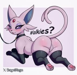 anus armwear ass bedroom_eyes big_butt blush bodily_fluids butt_focus cheek_tuft clothing collar dialogue dripping eeveelution espeon eyelashes facial_tuft female feral forehead_gem fur gem generation_2_pokemon genital_fluids genitals glistening glistening_butt hi_res humanoid_genitalia humanoid_genitalia_on_feral humanoid_pussy ineffective_clothing leash leashed_collar legwear lying narrowed_eyes nintendo open_mouth paws pink_body pink_fur pokemon pokemon_(species) presenting presenting_hindquarters pussy quadruped raynstegn seductive simple_background solo talking_feral text thick_thighs thigh_highs tongue tuft vaginal_fluids white_eyes