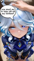 ai_generated blue_eyes blue_hair blush clothed furina_(genshin_impact) genshin_impact headpat looking_at_viewer pout pov purple_eyes speech_bubble standing text truggprz two_tone_eyes