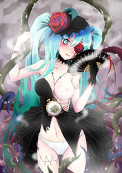 alternate_costume artist_request blood blue_eyes blue_hair bones breasts clock fan female hatsune_miku head_tilt nipples panties plant skirt solo stitches tentacle vocaloid