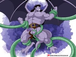 abs belt big_muscles bondage bottomwear bound clenched_teeth clothing digitigrade disney forced gargoyle gargoyles genitals goliath_(gargoyles) hair half-erect humanoid loincloth long_hair male male_only muscular pecs penis pointy_ears purple_body simple_background solo spread_wings struggling teeth tentacle tentacles_around_arms tentacles_around_balls tentacles_around_legs vein veiny_muscles warmageragnar wings