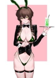 1girls amane_suzuha bikini braided_hair brown_hair bunny_ears bunny_girl fishnet_stockings fishnets fluffy_hair green_bikini green_eyes grin holding_tray koha micro_bikini navel revealing_clothes seductive serving_drink serving_tray shiny_skin side-tie_bikini side_tie_bikini_bottom skindentation solo standing steins;gate tuxedo_jacket twin_braids waitress