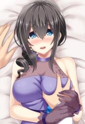 1boy alternate_hairstyle bare_shoulders black_gloves black_hair blue_eyes blush breasts commentary_request dress earrings female gloves grabbing_another's_breast groping guided_breast_grab guiding_hand hair_between_eyes idolmaster idolmaster_cinderella_girls jewelry large_breasts long_hair looking_at_viewer lying nose_blush oga_raito on_back open_mouth out_of_frame pov pov_hands purple_dress sagisawa_fumika sleeveless sleeveless_dress solo_focus straight