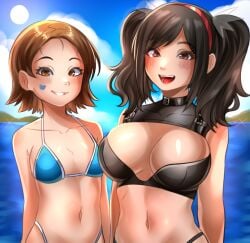 2girls beach bikini black_bikini black_hair blue_bikini blush brown_eyes brown_hair cloud cloudy_sky emi_(fighting_vipers) female fighting_vipers honey_(fighting_vipers) multiple_girls navel ocean open-mouth_smile red_headband sega sky smile sticker_on_face sunny_day swimsuit unknown_artist unknown_source