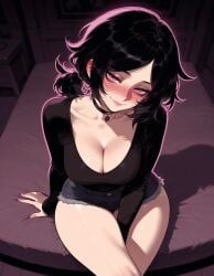 ai_generated arms_between_legs ashley_graves balecxi black_hair blush cleavage looking_at_viewer looking_up pink_eyes the_coffin_of_andy_and_leyley