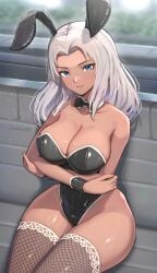 1girls arms_crossed black_leotard blue_eyes breasts bunny_ears bunnysuit busty cleavage crossed_arms curvy dark-skinned_female detached_collar elma_(xenoblade_x) female female_only fishnet_legwear fishnet_stockings fishnets gonzarez highres hourglass_figure large_breasts latex leotard long_hair looking_at_viewer monolith_soft navel nintendo silver_hair sitting smile stockings thick_thighs thighs white_hair xenoblade_(series) xenoblade_chronicles_x