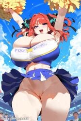 ai_generated big_breasts breasts cheerleader cheerleader_uniform dancing go-toubun_no_hanayome hair_ornament happy huge_breasts jumping large_breasts nakano_nino pink_hair pom_pom_(cheerleading) pom_pom_(clothes) pom_poms pussy short_hair tamagochiiii thick_thighs underboob visible_pussy wide_hips