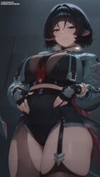 ai_generated animal_ears bangs big_ass big_ass_(female) big_breasts big_thighs black_gloves black_hair black_leotard black_shorts blue_eyes blush breasts cropped_jacket female fingerless_gloves fur_trim garter_straps gloves grin high-waist_shorts jacket jane_doe_(zenless_zone_zero) large_ass large_breasts large_thighs leotard leotard_under_clothes long_sleeves looking_at_viewer mole necktie parted_lips short_hair short_shorts shorts skindentation smile sofaxd3x solo tail thick_thighs thighhighs thighs torn_clothes torn_legwear zenless_zone_zero