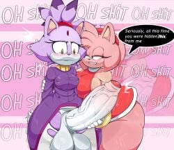 amy_rose artist_request big_breasts blaze_the_cat blush dialogue draconiko_nsfw erection fat_ass female foreskin futanari handjob huge_balls huge_cock nervous_sweat nipple_outline sega sonic_(series) speech_bubble thick_thighs torn_clothes