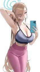 1girls asuna_(blue_archive) big_breasts blonde_hair blue_eyes cleavage gym_uniform hand_on_head logknn long_hair phone pink_pants pose posing presenting selfie smile sports_bra sports_uniform sweat sweatdrop sweating sweaty sweaty_clothes wet_clothes yoga_pants