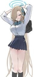 1girls asuna_(blue_archive) big_breasts blonde_hair blue_eyes blue_skirt bra_visible_through_clothes breasts hands_behind_head large_breasts legs logknn long_hair office_clothing office_lady skirt small_wings thighs tight_clothes tight_clothing tight_fit waist