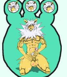 amarashi anthro balls barazoku big_balls eeveelution funny_face fur generation_1_pokemon genitals hair heliot_name hi_res jolteon male masturbation muscular nintendo pokemon pokemon_(species) simple_background solo white_hair yellow_body yellow_fur