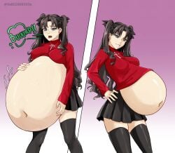 2girls belly belly_bulge big_belly breasts burping digestion fate/stay_night fate_(series) female_pred female_prey matou_sakura same_size_vore sisters stomach stomach_bulge struggling_prey thighs tohsaka_rin vore vore_belly