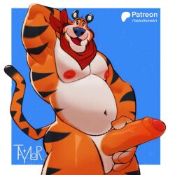 anthro anthro_tiger arms balls big_balls big_dick big_penis blue_nose blush breasts dick furry glans holding_dick horny kellogg's looking_at_viewer male_focus male_only muscle_gut muscular naked penis taylorstoneart tiger tony_the_tiger