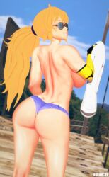 1girls arrancon ass ass_focus aviator_sunglasses blonde_female blonde_hair half-dressed half_naked half_naked_female long_hair long_hair_female looking_back purple_eyes removing_shirt rwby short_shorts small_shirt solo_female sunglasses tinted_eyewear yang_xiao_long