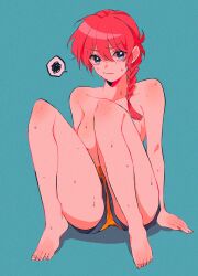 ass_visible_through_thighs bare_arms bare_legs bare_shoulders bare_thighs barefoot big_breasts blue_eyes body_blush braid breasts closed_mouth collarbone convenient_censoring feet knees_up ranma-chan ranma_1/2 red_hair rumic_0620 shorts sweat sweaty_body thighs toes topless