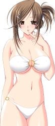 1girls akizuki_sara big_breasts bikini blush breasts brown_eyes brown_hair choco_chip cleavage finger_to_chin game_cg hairpin huge_breasts kateikyoushi_no_onee-san large_breasts lipstick massive_breasts navel nipples_visible_through_bra o-ring_bikini pussy short_hair smile solo standing strapless_bra underboob white_bikini