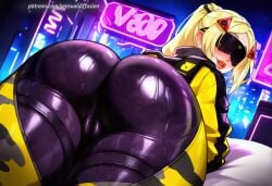 ai_generated ass ass_focus blonde_hair blush bodysuit cameltoe close-up fat_ass from_behind lying on_stomach ponytail pussy sensualdiffusion shiny_skin tight_clothing toned trigger_(zenless_zone_zero) zenless_zone_zero zzz