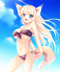 animal_ears bikini blonde_hair blue_eyes breasts fox_ears fox_girl fox_tail highres kazakura open_mouth original pointy_chin solo swimsuit tail underboob